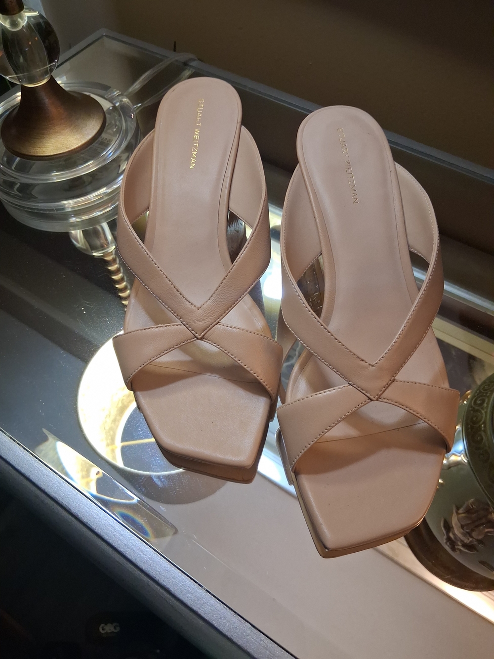 Stuart Weitzman Beige Cross-Strap Square-Toe Slide Mules